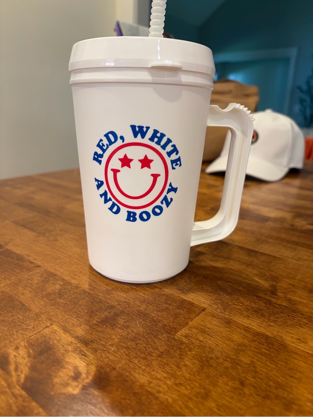 Red, White and Boozy White Plastic Travel Mug with Handle